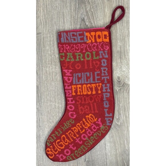 Pottery Barn Vintage Christmas Stocking Y2K Retired Red Wool Needlepoint Hanging - Picture 3 of 6